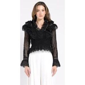 SIMONETT Cedrina Top Black Lace Ruffle Sheer Grid Blouse Long Sleeve V-Neck M